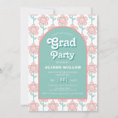 Retro groovy roze en aquabloemen 70s Afstuderen Kaart (Voorkant)