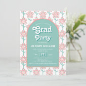 Retro groovy roze en aquabloemen 70s Afstuderen Kaart (Staand voorkant)