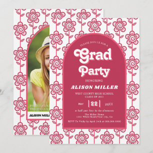 Retro groovy roze en aquabloemen 70s Afstuderen Kaart