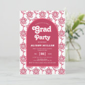 Retro groovy roze en aquabloemen 70s Afstuderen Kaart (Staand voorkant)