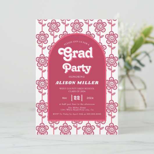 Retro groovy roze en aquabloemen 70s Afstuderen Kaart (Staand voorkant)