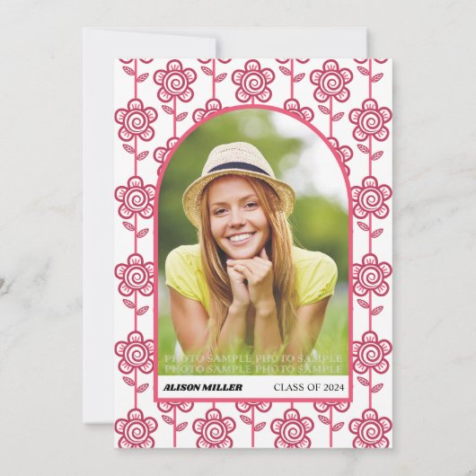 Retro groovy roze en aquabloemen 70s Afstuderen Kaart (Achterkant)