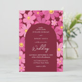 Retro groovy roze en gele bloemen boho arch kaart (Staand voorkant)