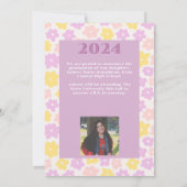 Retro Groovy Roze Geel Paarse Bloemen Afstuderen Aankondiging (Achterkant)