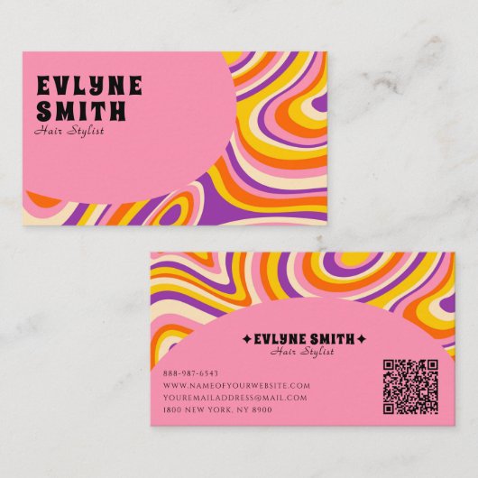 Retro Groovy Roze Geel QR Code 70s Psychedelic Visitekaartje (Voorkant / Achterkant)