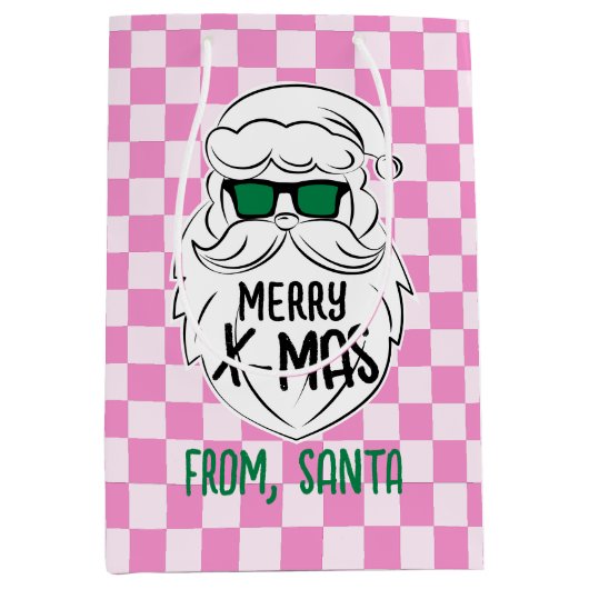 Retro Groovy Roze Geruite Kerstman Kerstmis Medium Cadeauzakje (Voorkant)