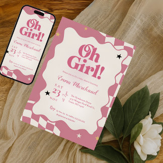 Retro Groovy Roze Geruite Oh Meisje Baby Shower Kaart