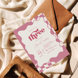 Retro Groovy Roze Geruite Uitnodiging voor 3e Verj