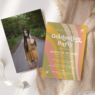 Retro Groovy Roze Groen 70s Graduation Party Foto Kaart