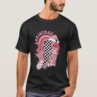Retro Groovy Roze Kerst Vibes Lightning Checke T-shirt