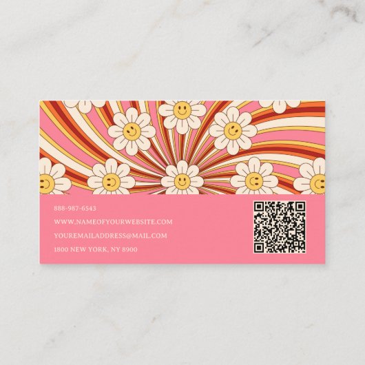 Retro Groovy Roze Kleurrijke QR Code 70s Bloemen Visitekaartje (Achterkant)