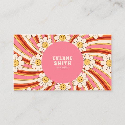 Retro Groovy Roze Kleurrijke QR Code 70s Bloemen Visitekaartje (Voorkant)