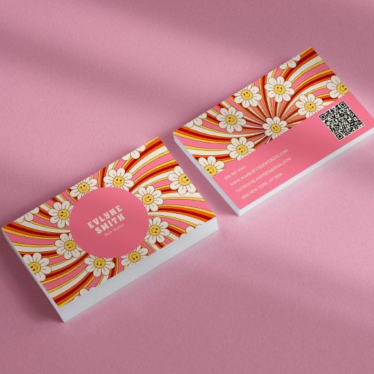 Retro Groovy Roze Kleurrijke QR Code 70s Bloemen Visitekaartje