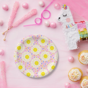 Retro groovy roze madeliefjes bloempatroon uit de papieren bordje