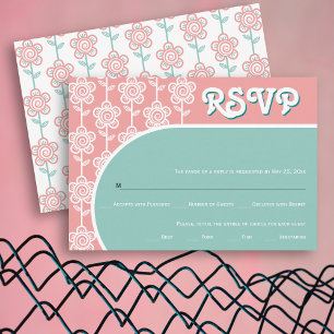 Retro groovy roze-perzik en aqua 70s bruiloft RSVP Kaartje