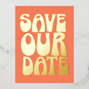 Retro Groovy Save the Date Oranje Gold Folie Uitnodiging Briefkaart
