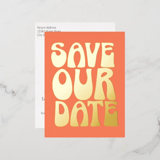 Retro Groovy Save the Date Oranje Gold Folie Uitnodiging Briefkaart (Voorkant / Achterkant)