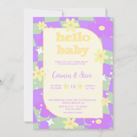 Retro groovy schaakbord baby shower uitnodiging (Voorkant)