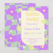 Retro groovy schaakbord baby shower uitnodiging (Voorkant / Achterkant)