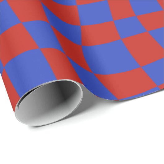 Retro groovy schattig blauw rood golvend geruit cadeaupapier (Rol Hoek)