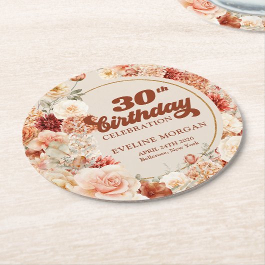 Retro groovy script terracotta bloemen 30 verjaard ronde kartonnen onderzetter (Gebogen)