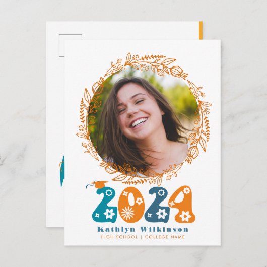 Retro Groovy Script Terracotta Bloemen Afstuderen Aankondigingskaart (Voorkant / Achterkant)