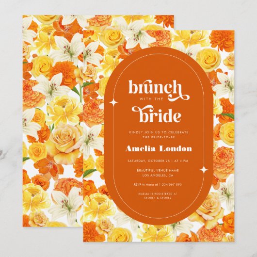 Retro Groovy Sinaasappel Bloemen Brunch met de Bru Kaart (Voorkant / Achterkant)