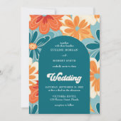 Retro groovy sinaasappel geel en blauw bloemenboog kaart (Voorkant)