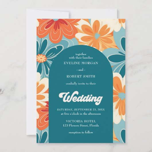 Retro groovy sinaasappel geel en blauw bloemenboog kaart (Voorkant)