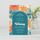 Retro groovy sinaasappel geel en blauw bloemenboog kaart (Staand voorkant)