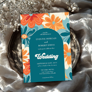 Retro groovy sinaasappel geel en blauw bloemenboog kaart