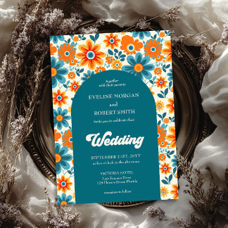 Retro groovy sinaasappel geel en blauw bloemenboog kaart
