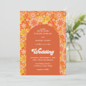 Retro groovy sinaasappel geel en roze bloemen kaart (Staand voorkant)