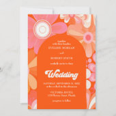 Retro groovy sinaasappel geel en roze bloemen kaart (Voorkant)