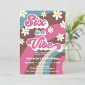 Retro Groovy SIX is een vibe roze blauwgroen meisj Kaart (Staand voorkant)