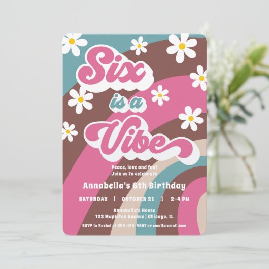 Retro Groovy SIX is een vibe roze blauwgroen meisj Kaart (Staand voorkant)