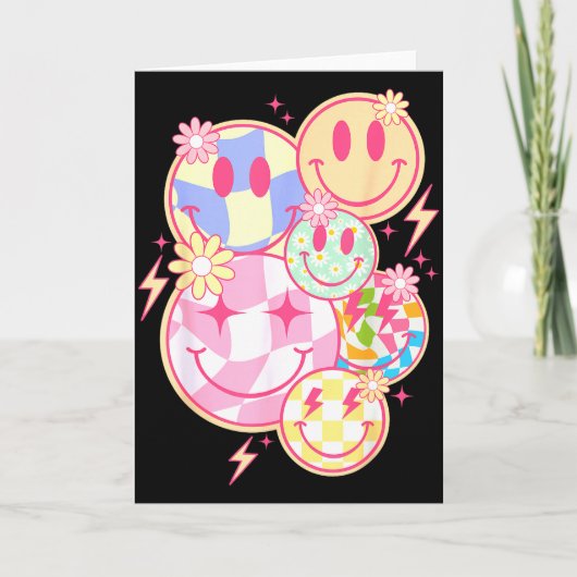 Retro Groovy Smile Face Flower Happy Face Checkere Kaart (Voorkant)