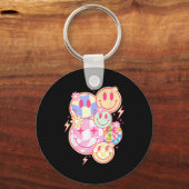 Retro Groovy Smile Face Flower Happy Face Checkere Sleutelhanger (Voorkant)