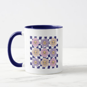 Retro Groovy Smiley Bloem Schachbrett Esthetiek Mok