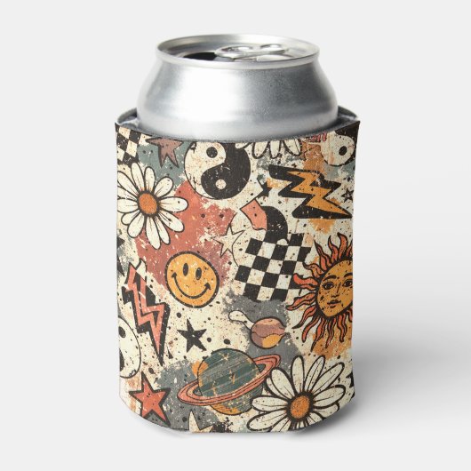 Retro Groovy Smiley Sun Daisy Psychedelic Pattern Blikjeskoeler (Blikje Voorkant)