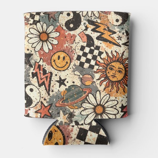 Retro Groovy Smiley Sun Daisy Psychedelic Pattern Blikjeskoeler (Voorkant)
