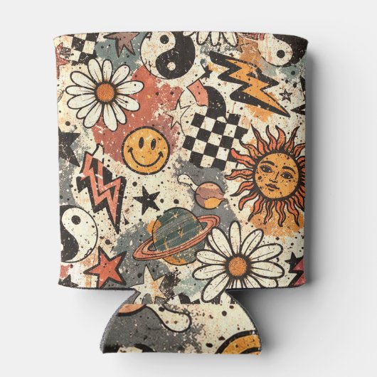 Retro Groovy Smiley Sun Daisy Psychedelic Pattern Blikjeskoeler (Achterkant)