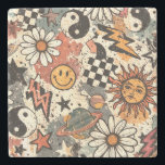 Retro Groovy Smiley Sun Daisy Psychedelic Pattern Stenen Onderzetter<br><div class="desc">Retro groovy doodle pattern featuring smiley faces, suns, daisies, lightning bolts, checkerboard shapes, stars, and space elements. This psychedelic vintage aesthetic design is inspired by 70s hippie and Y2K styles, with playful hand-drawn illustrations and a colorful nostalgic vibe. Perfect for stickers, apparel, prints, and creative projects that need a fun...</div>