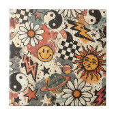 Retro Groovy Smiley Sun Daisy Psychedelic Pattern Tegeltje (Voorkant)
