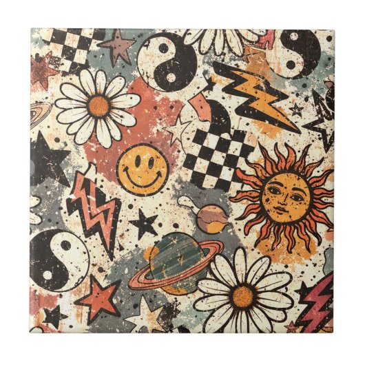 Retro Groovy Smiley Sun Daisy Psychedelic Pattern Tegeltje (Voorkant)