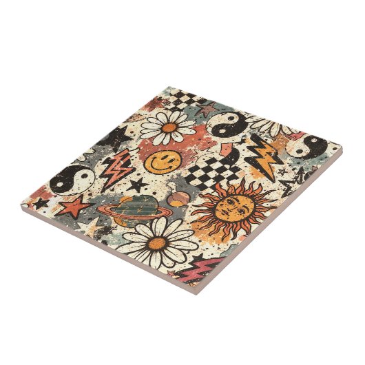 Retro Groovy Smiley Sun Daisy Psychedelic Pattern Tegeltje (Zijkant)