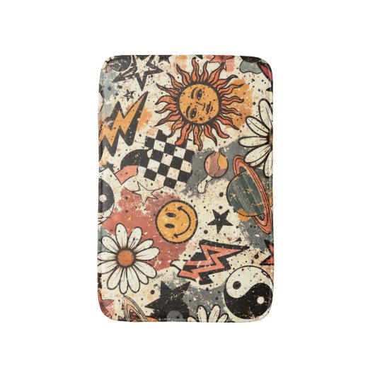 Retro Groovy Sticker Collage Pattern Smiley Face Badmat (Voorkant Verticaal)