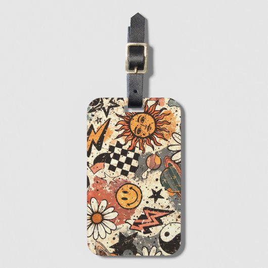 Retro Groovy Sticker Collage Pattern Smiley Face Bagagelabel (Voorkant (verticaal))