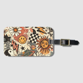 Retro Groovy Sticker Collage Pattern Smiley Face Bagagelabel