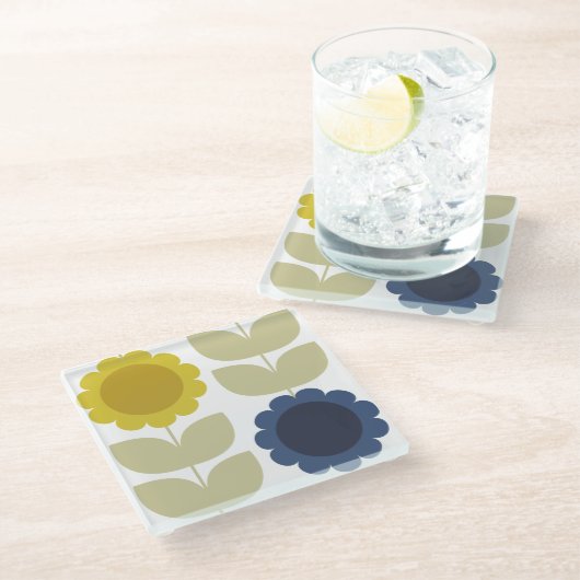 Retro Groovy Summer Flowers Stems Glazen Onderzetter (Schuin)